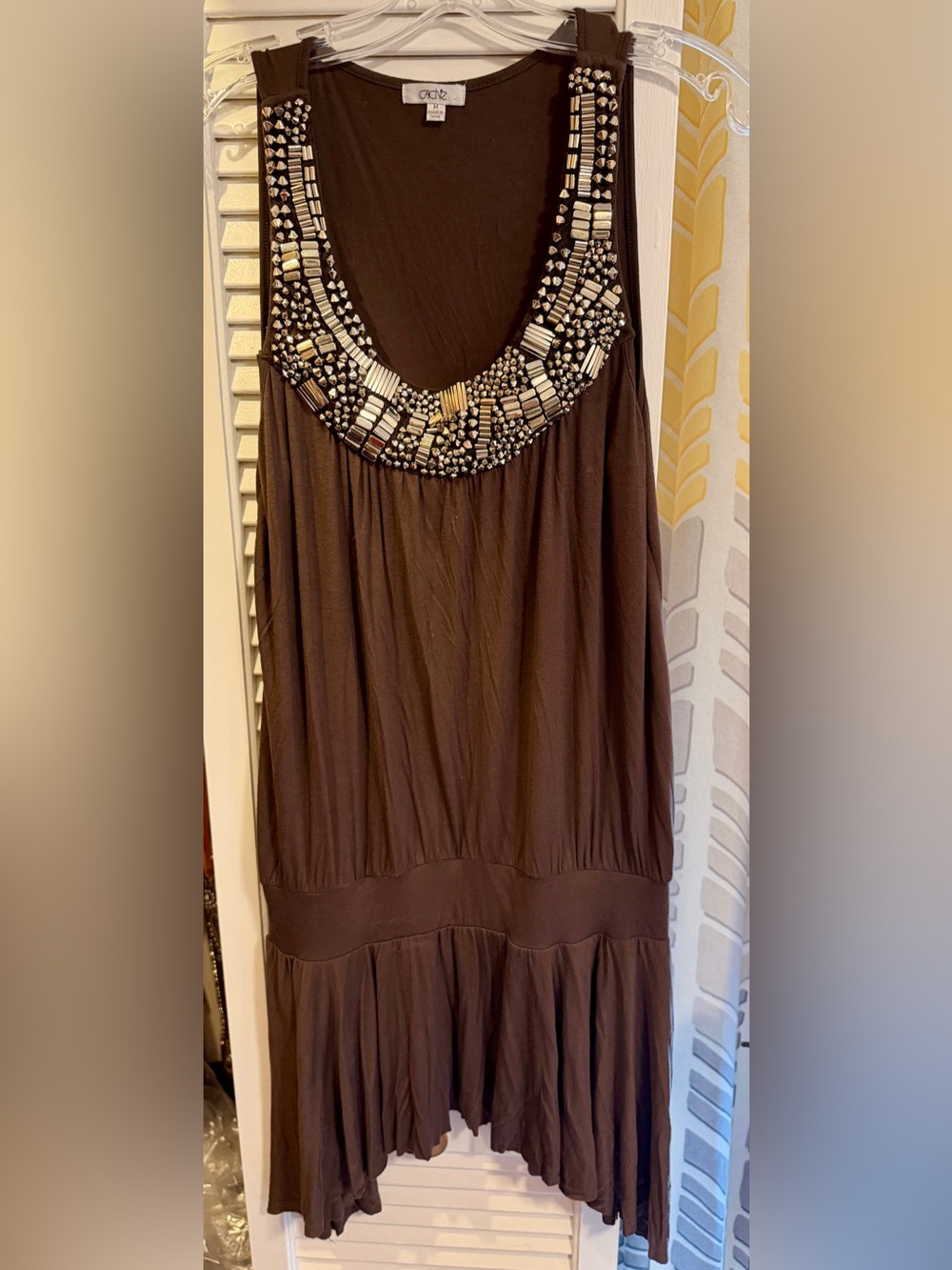 Cache Brown Tiered Rhinestone Sleevless Maxi Top